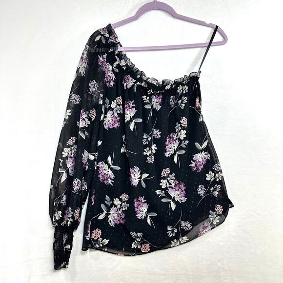 WHBM‎ Medium One Shoulder Blouse Whimsigoth Floral Purple Black Moody Midnight - Picture 1 of 9